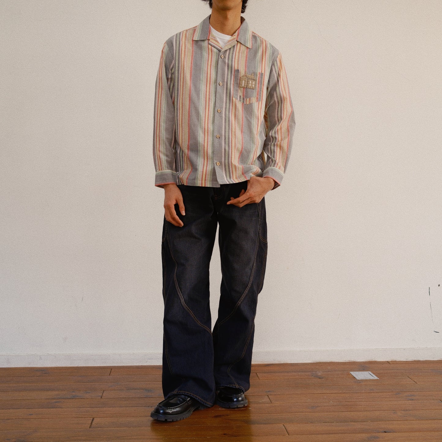 Hand-Embroidered Stripe Shirt  Black