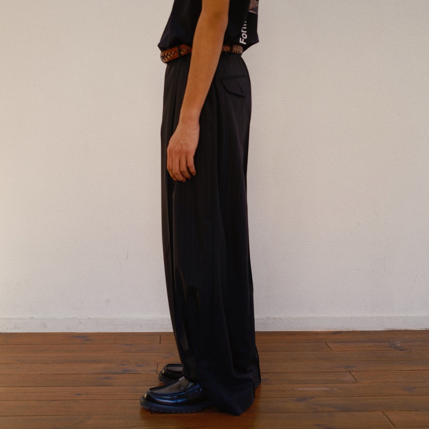 Pleated Stripe Summer Wool Pants　Black