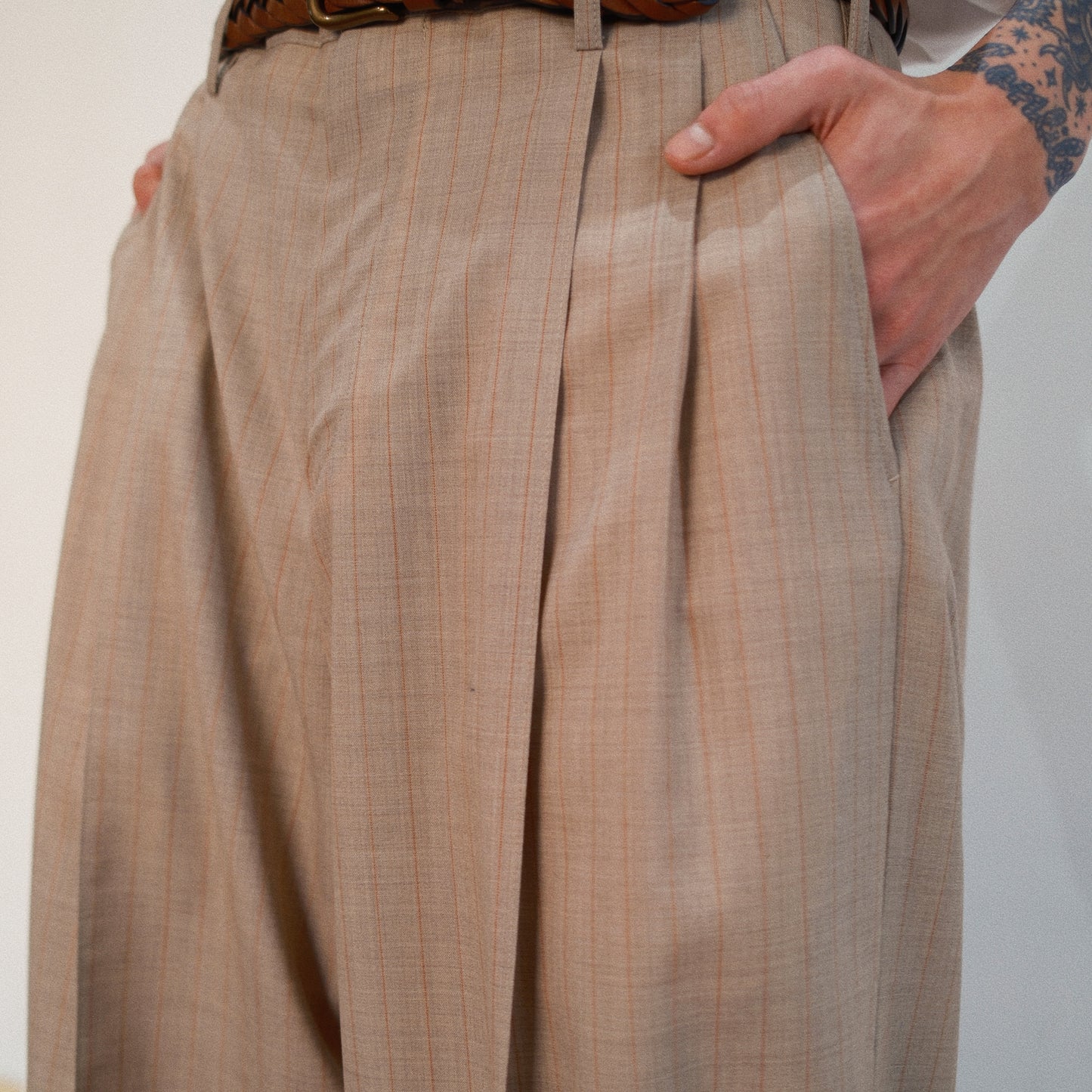Pleated Stripe Summer Wool Pants　Beige