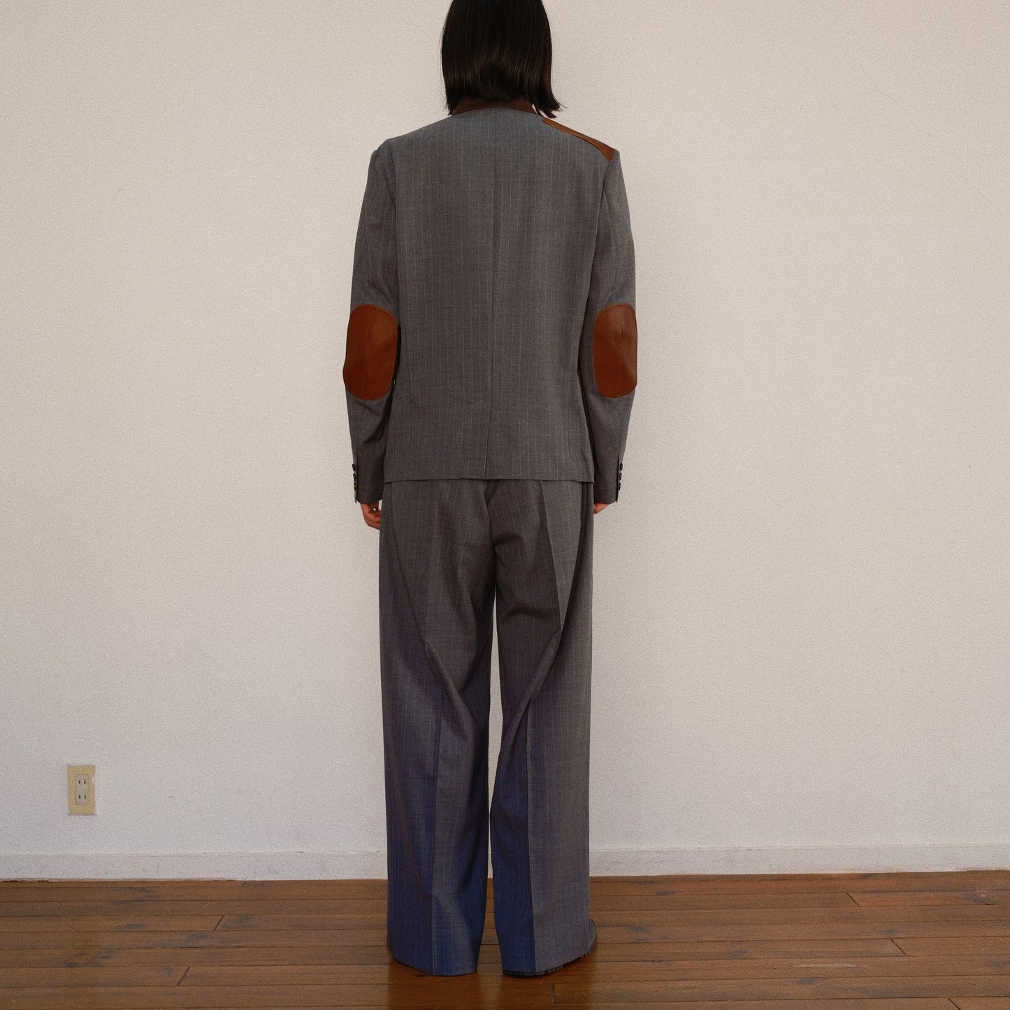 Leather-Patch No-Collar Jacket Gray