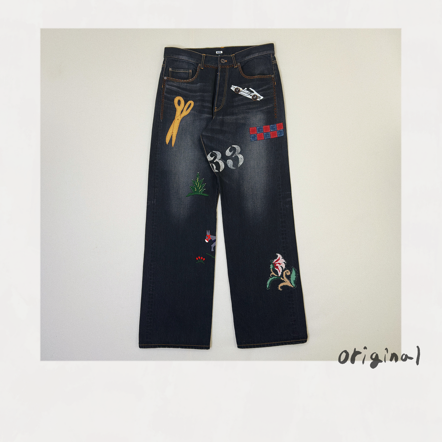 Hand-Embroidered Denim Pants 　Black