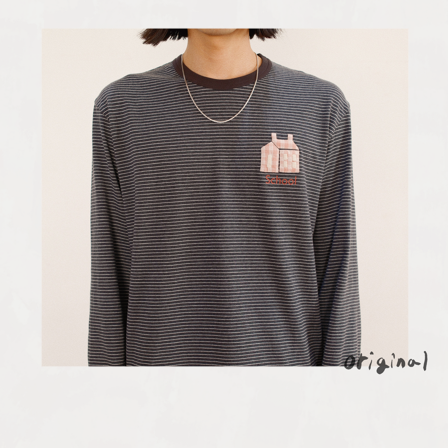 Hand-Embroidered Stripe Long Sleeve T-Shirt Black