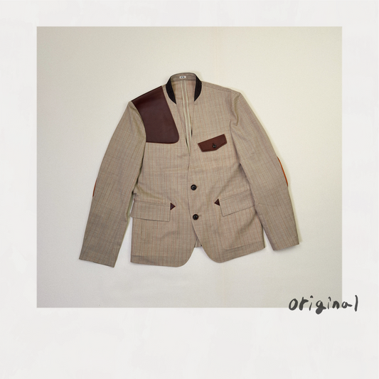 Leather-Patch No-Collar Jacket Beige