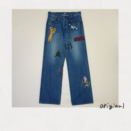 Hand-Embroidered Denim Pants 　Indigo