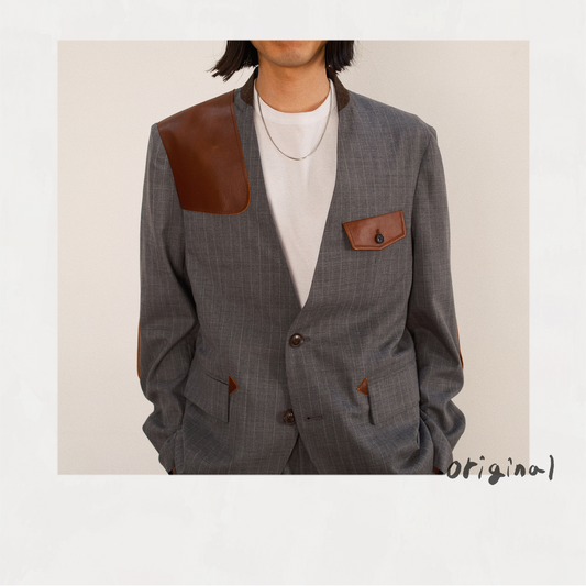 Leather-Patch No-Collar Jacket Gray