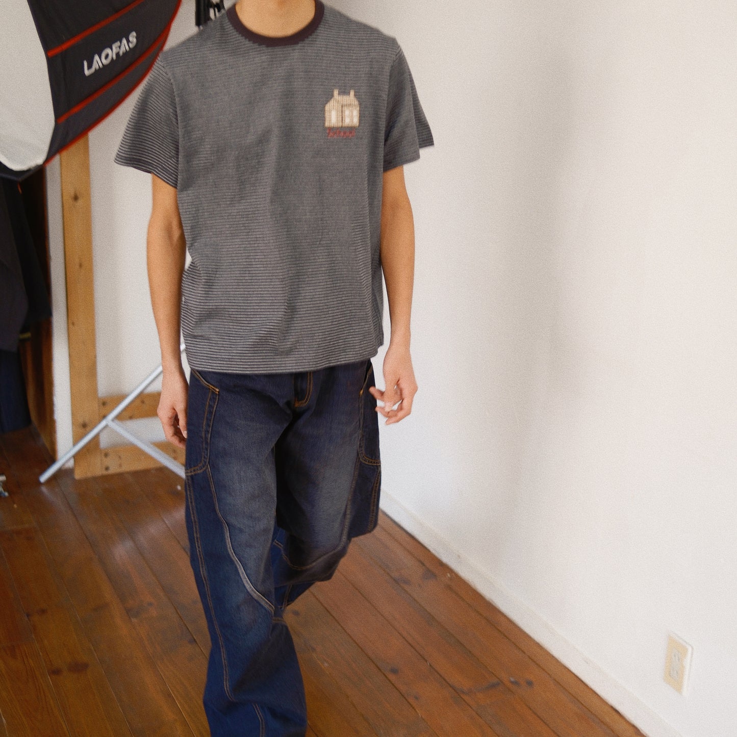 Hand-Embroidered Stripe T-Shirt Black