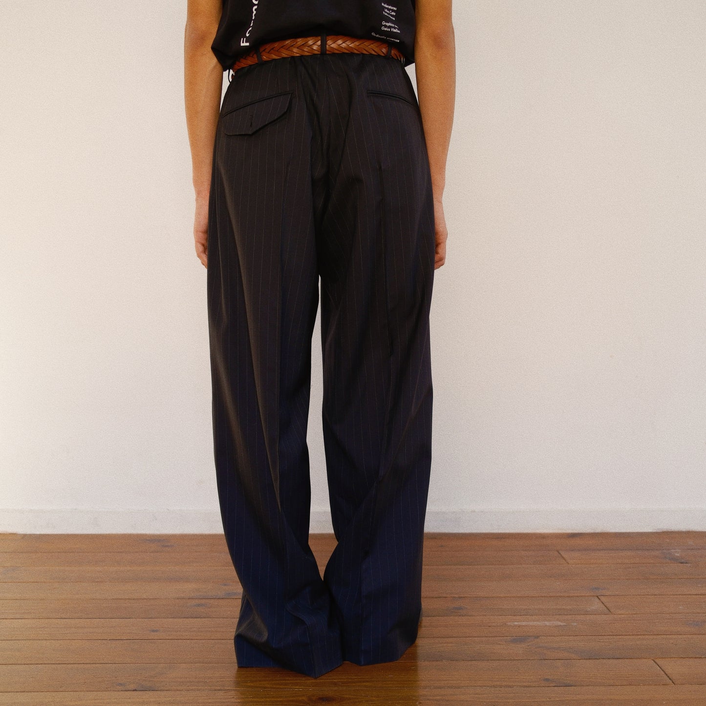 Pleated Stripe Summer Wool Pants　Black