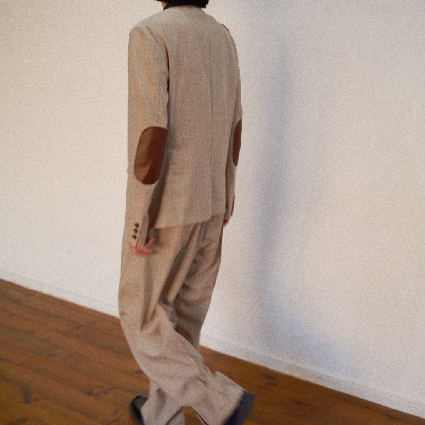 Leather-Patch No-Collar Jacket Beige