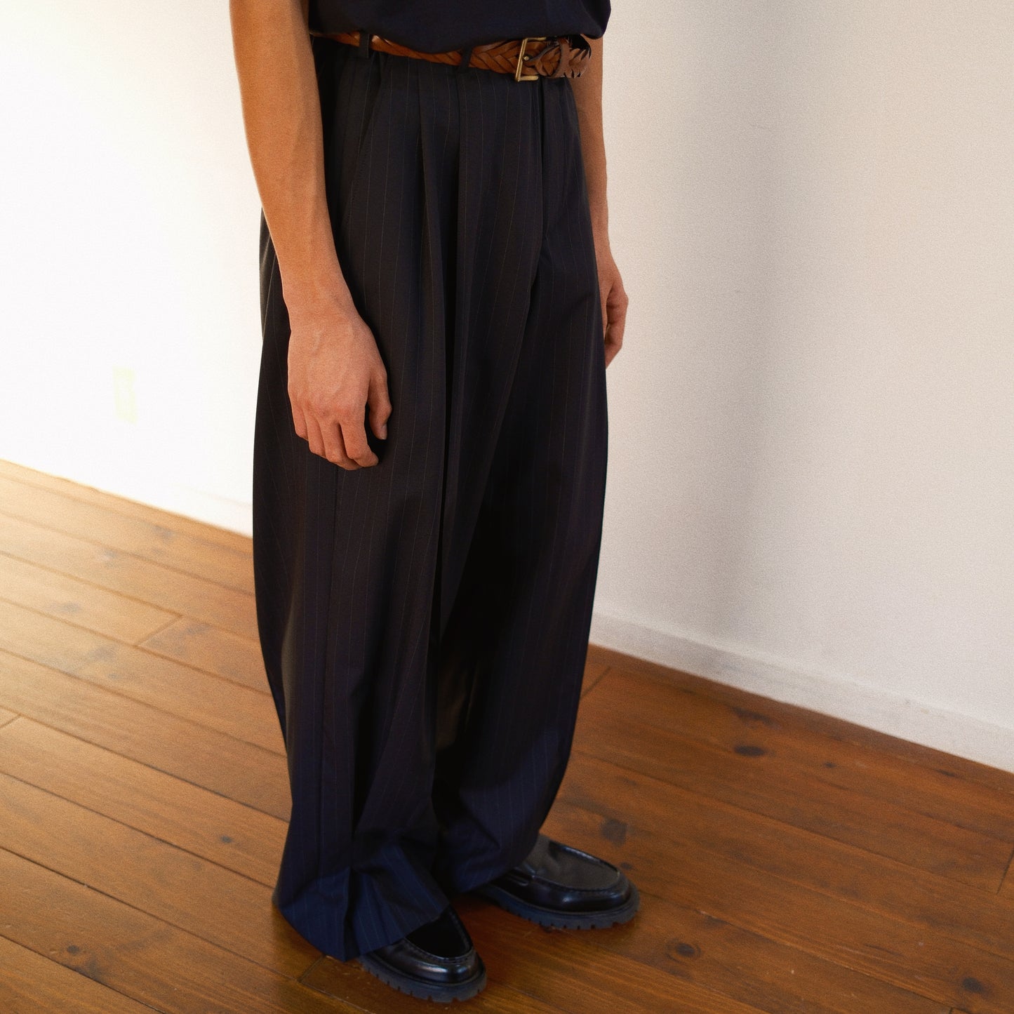 Pleated Stripe Summer Wool Pants　Black