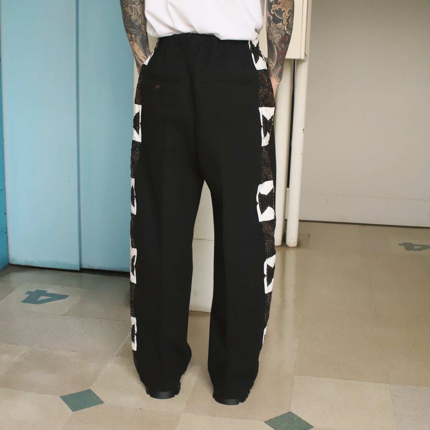 Hand patchwork quilted track pants Black