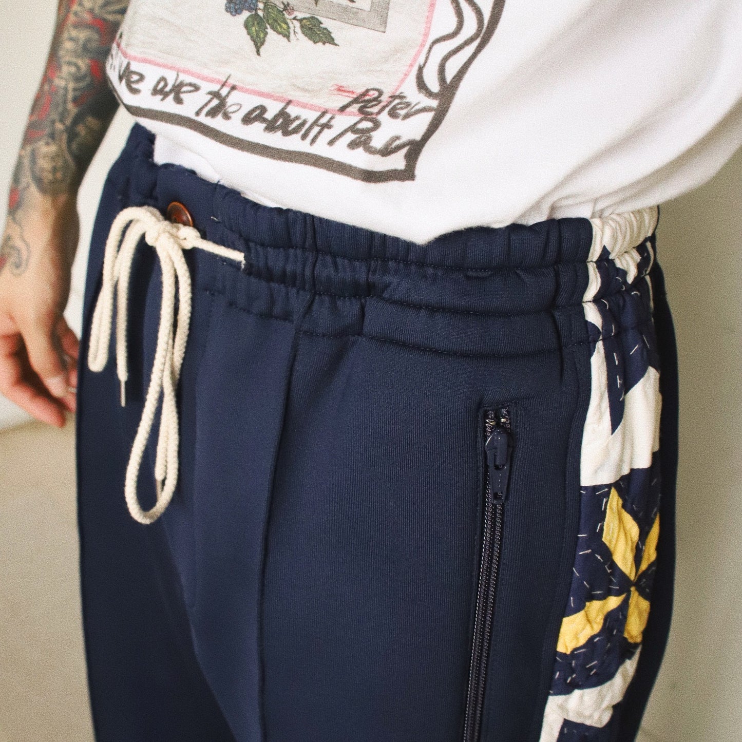 Hand patchwork quilted track pants Navy
