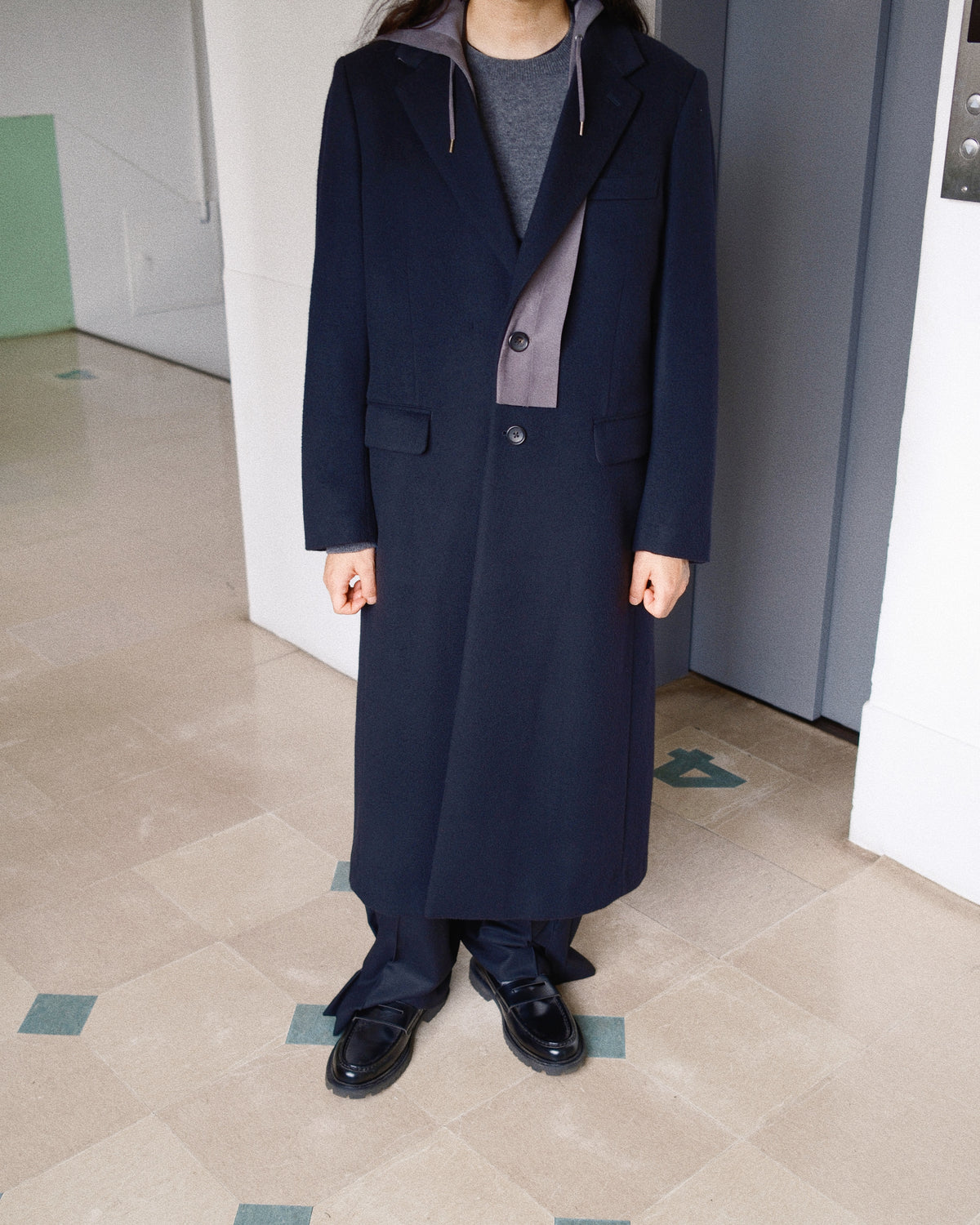 Suede hooded wool coat Black