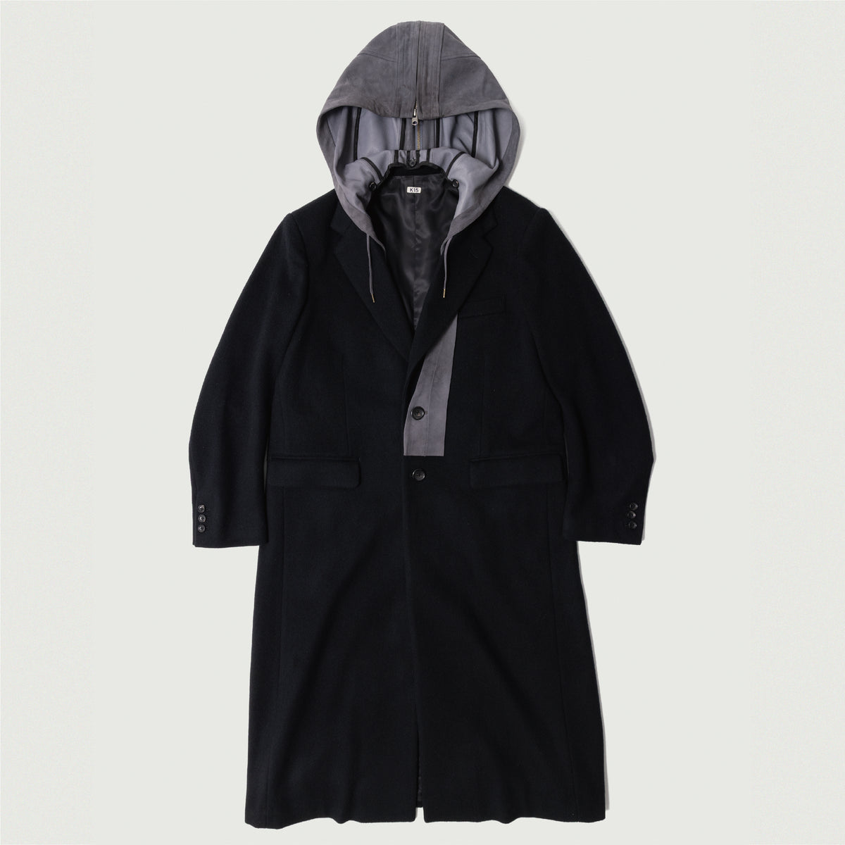Suede hooded wool coat Black