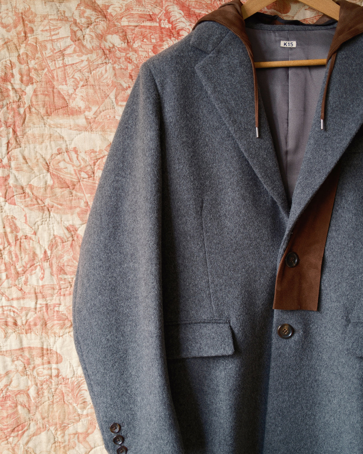 Suede hooded wool coat Gray