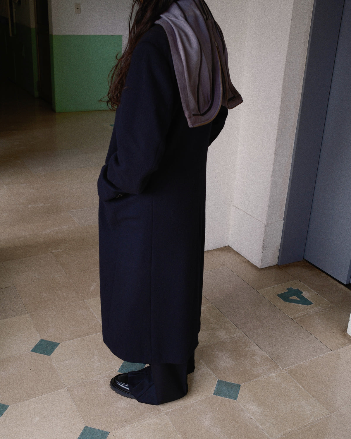 Suede hooded wool coat Black