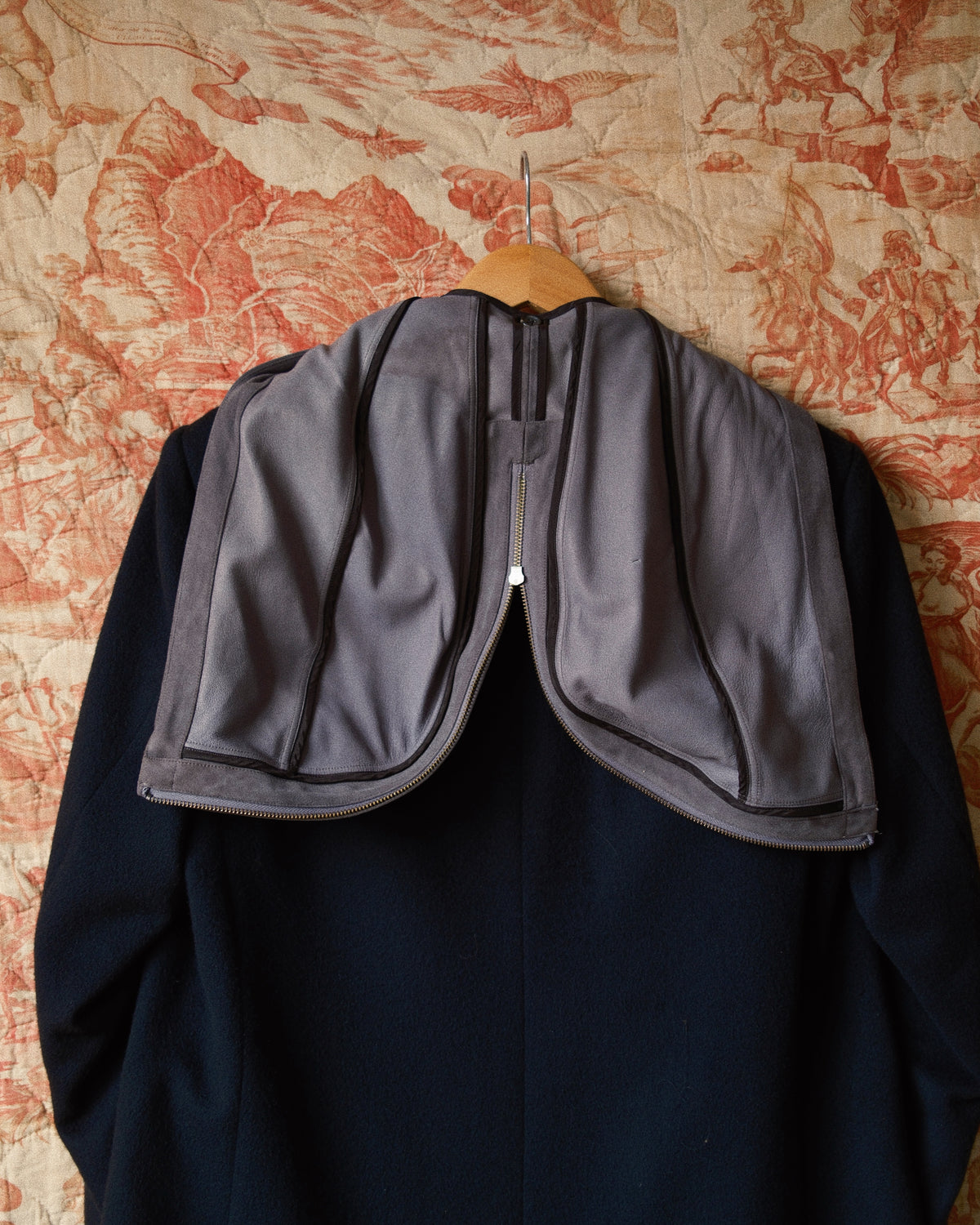 Suede hooded wool coat Black