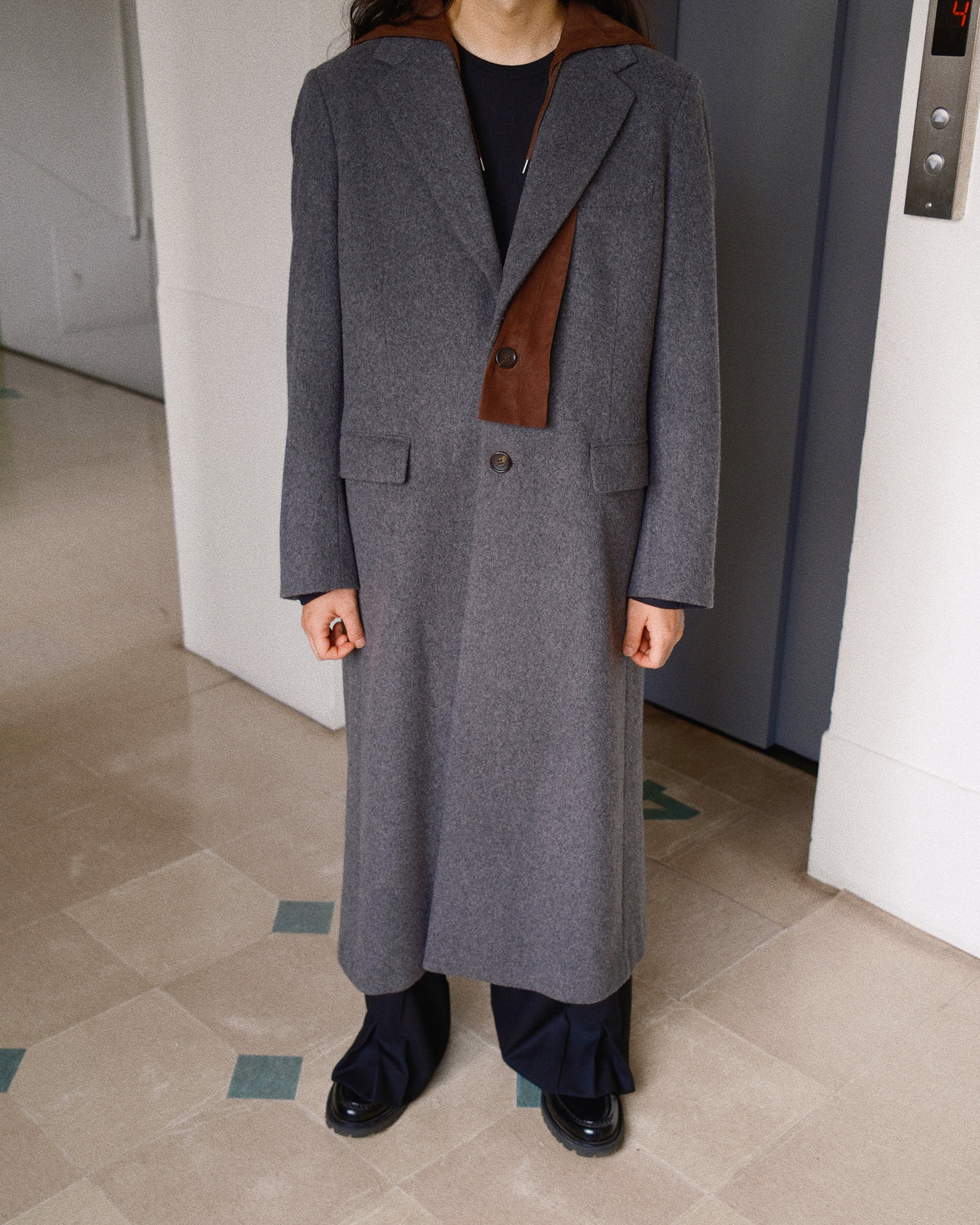 Suede hooded wool coat Gray
