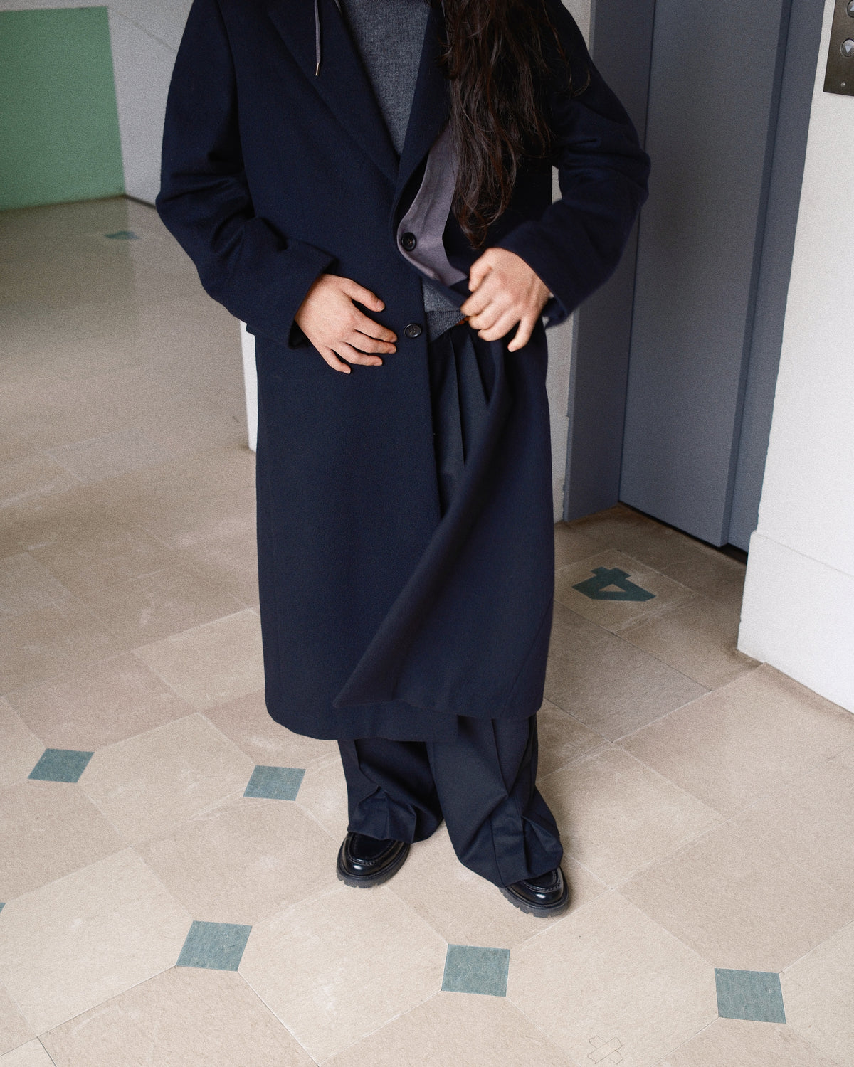 Suede hooded wool coat Black