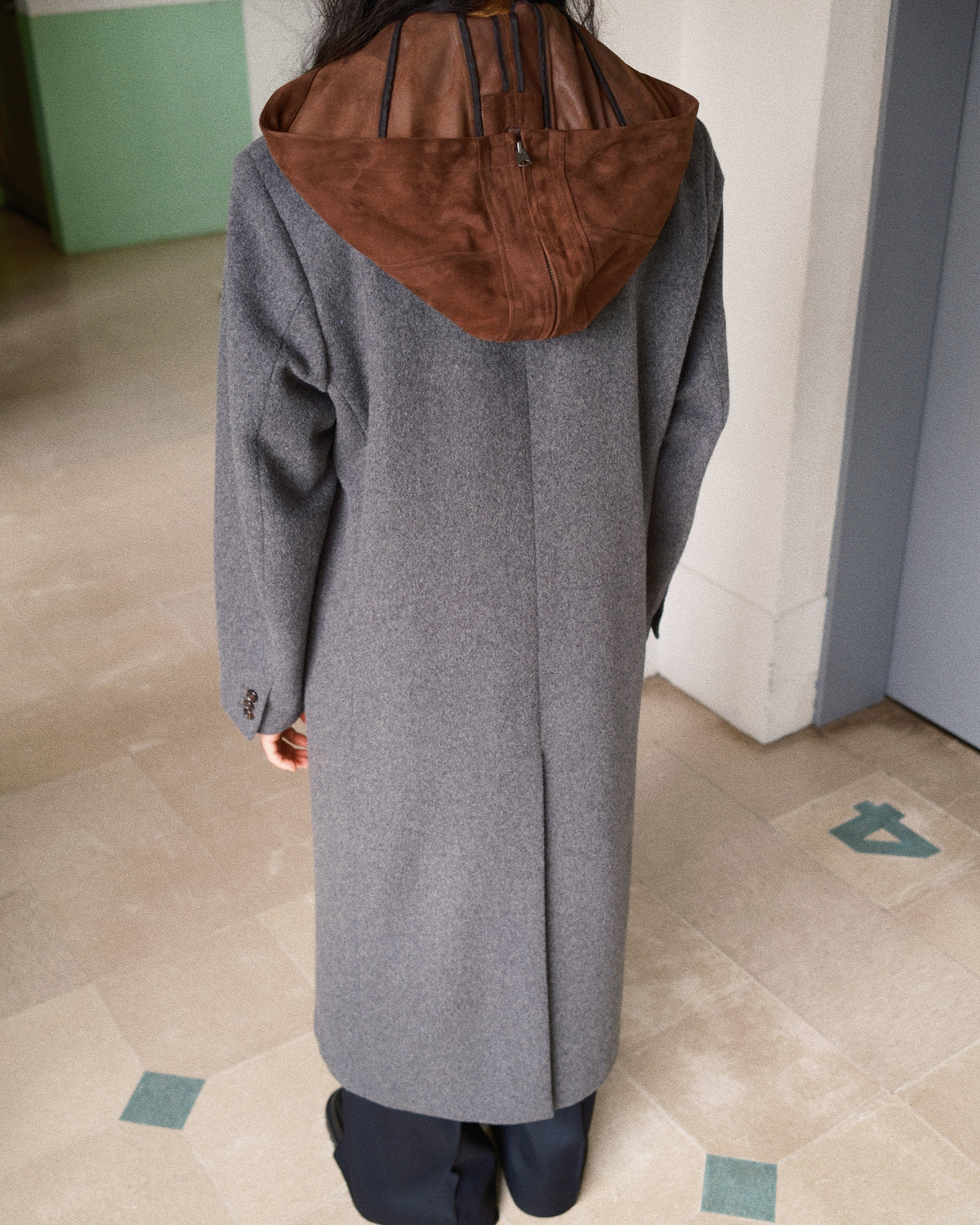 Suede hooded wool coat Gray