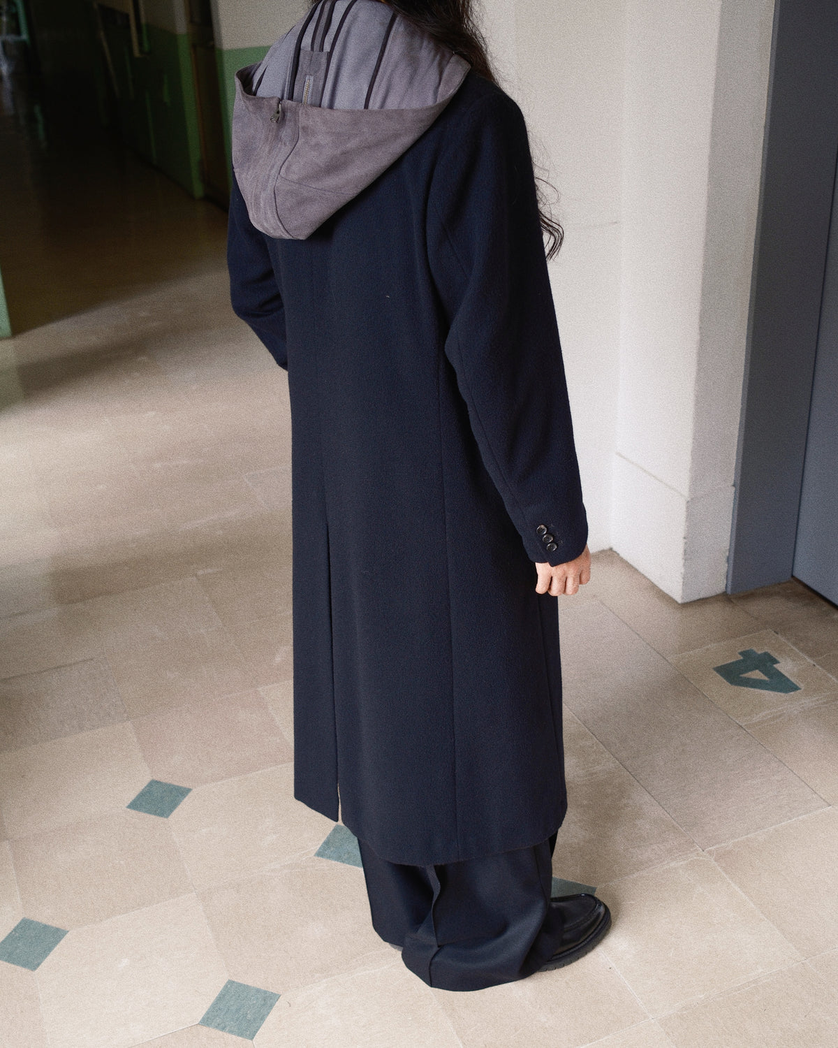 Suede hooded wool coat Black