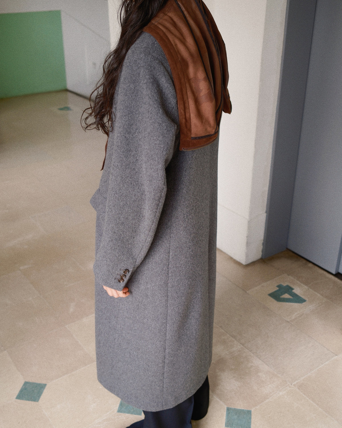 Suede hooded wool coat Gray