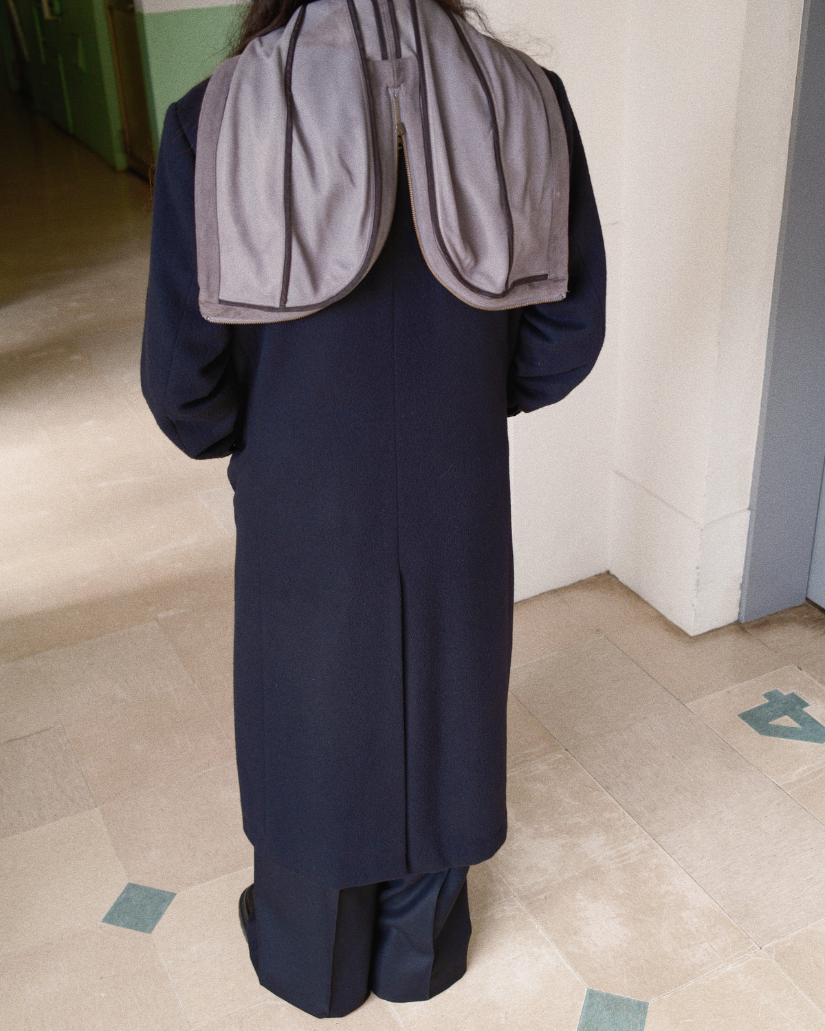 Suede hooded wool coat Black