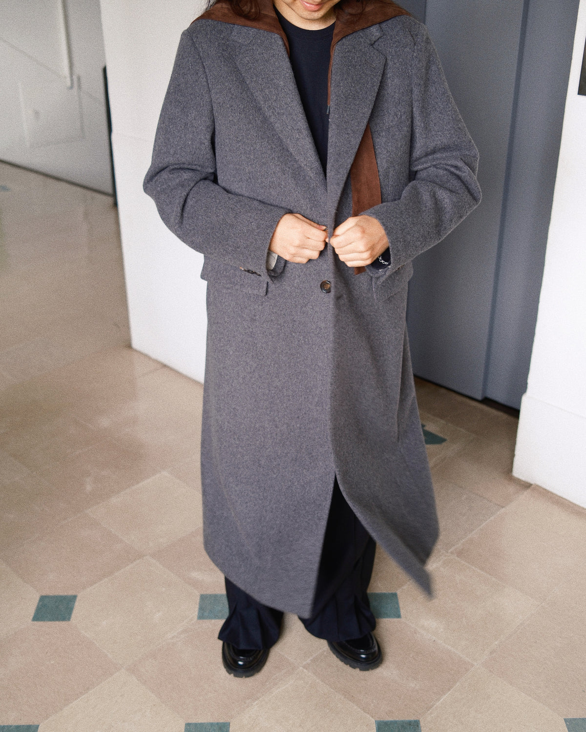 Suede hooded wool coat Gray