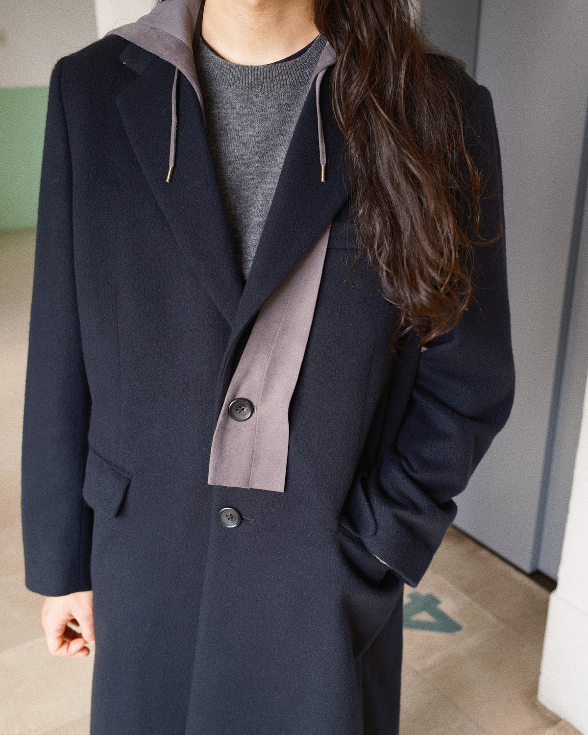 Suede hooded wool coat Black