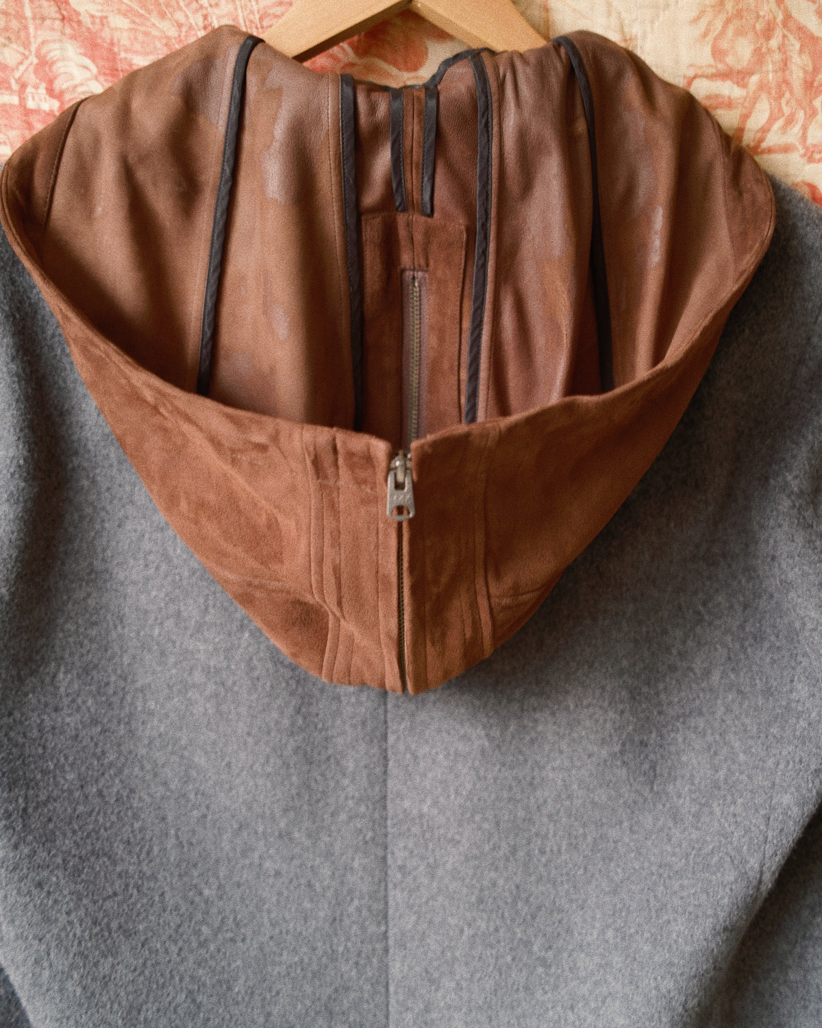 Suede hooded wool coat Gray