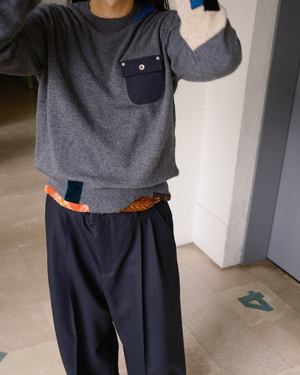 Vintage-finished wool knit pullover Charcoal