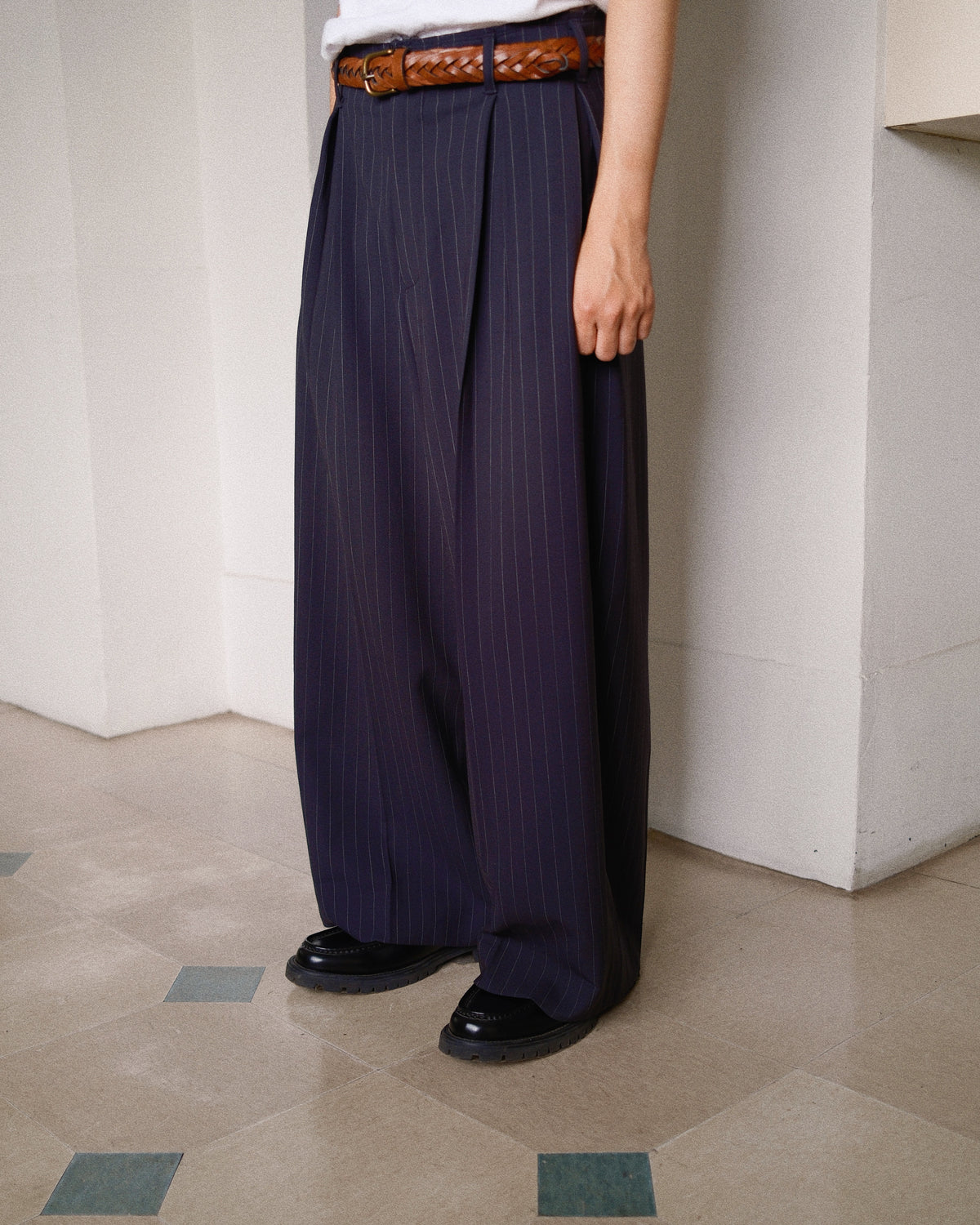 Pleats Bonded Wool Pants Navy
