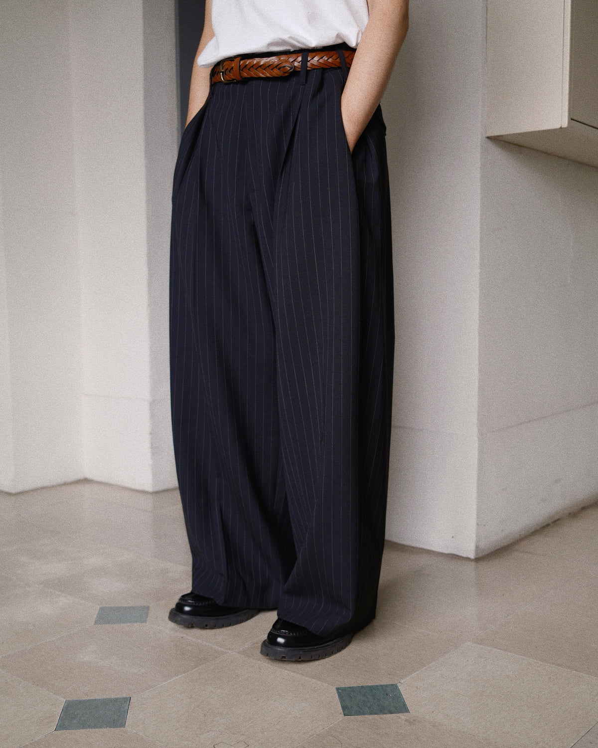 Pleats Bonded Wool Pants Black