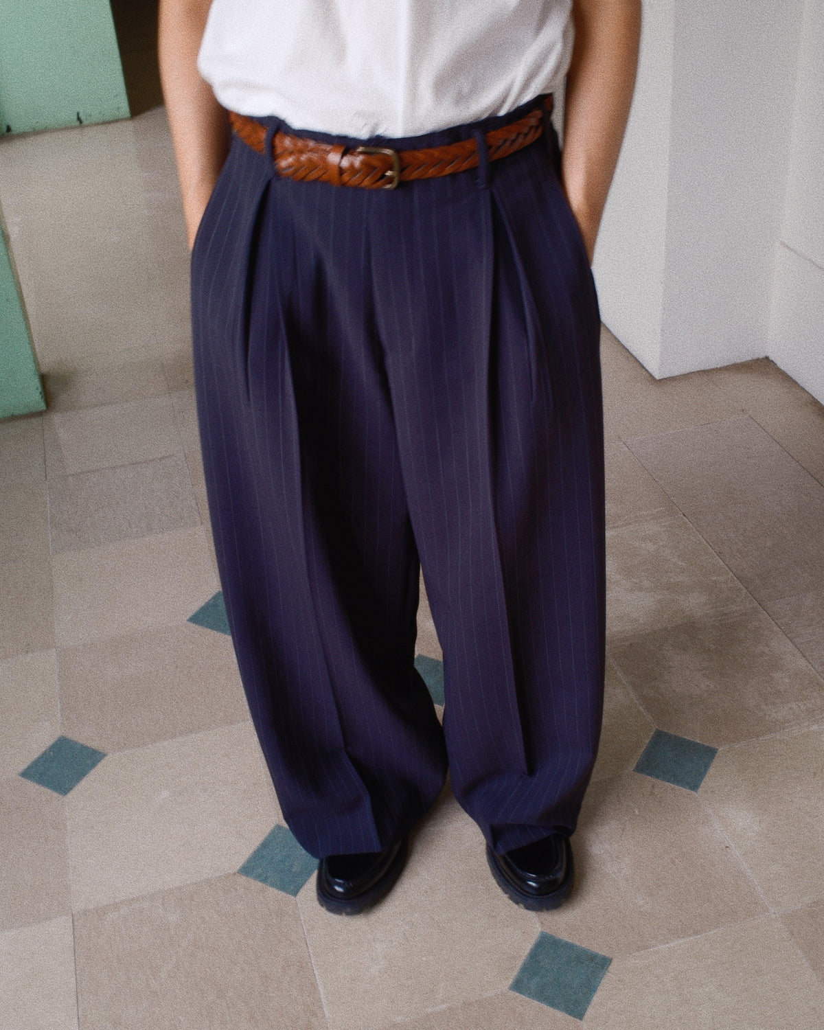 Pleats Bonded Wool Pants Navy