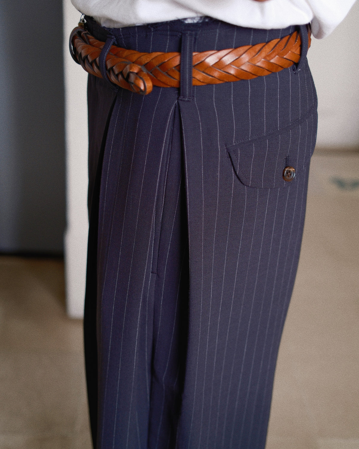 Pleats Bonded Wool Pants Navy