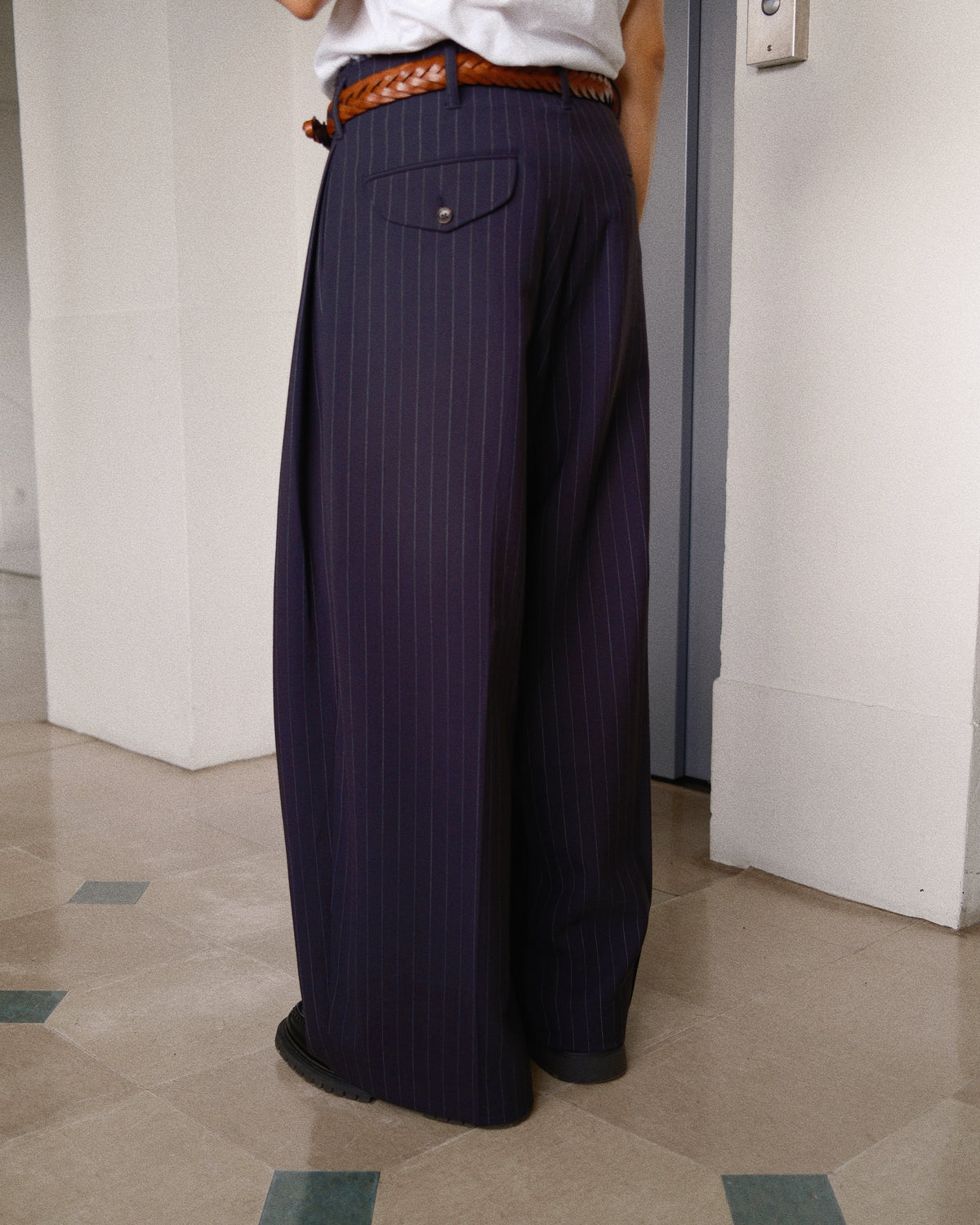 Pleats Bonded Wool Pants Navy