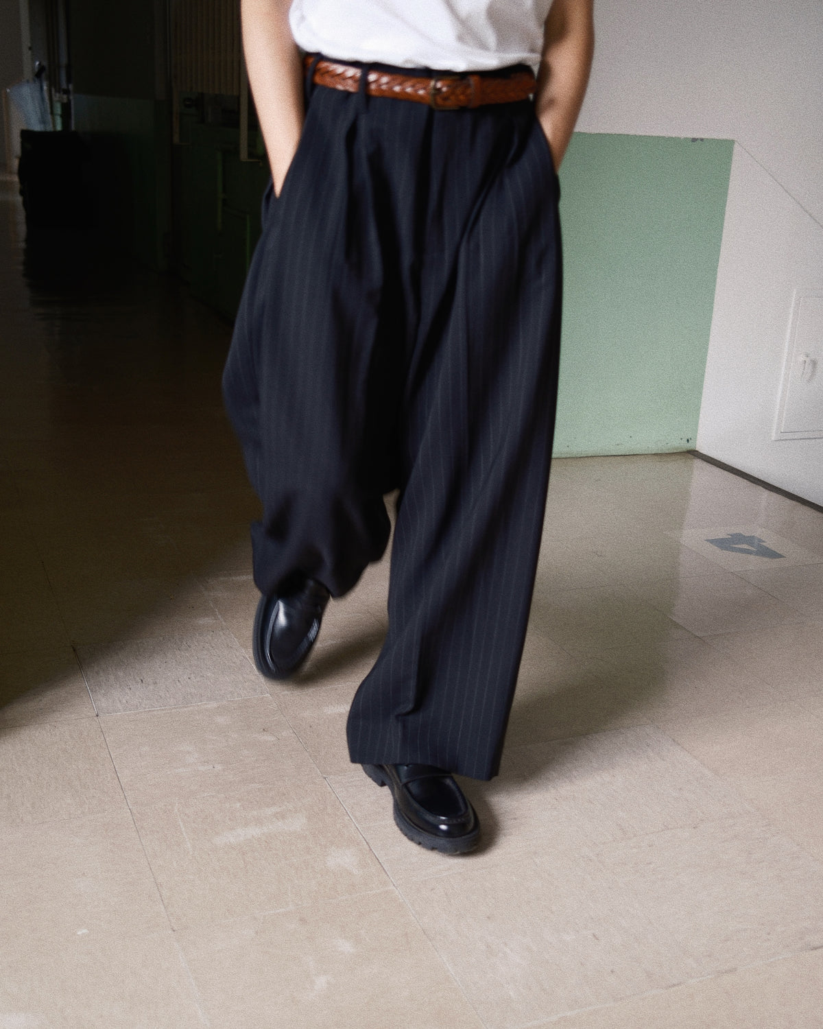 Pleats Bonded Wool Pants Black