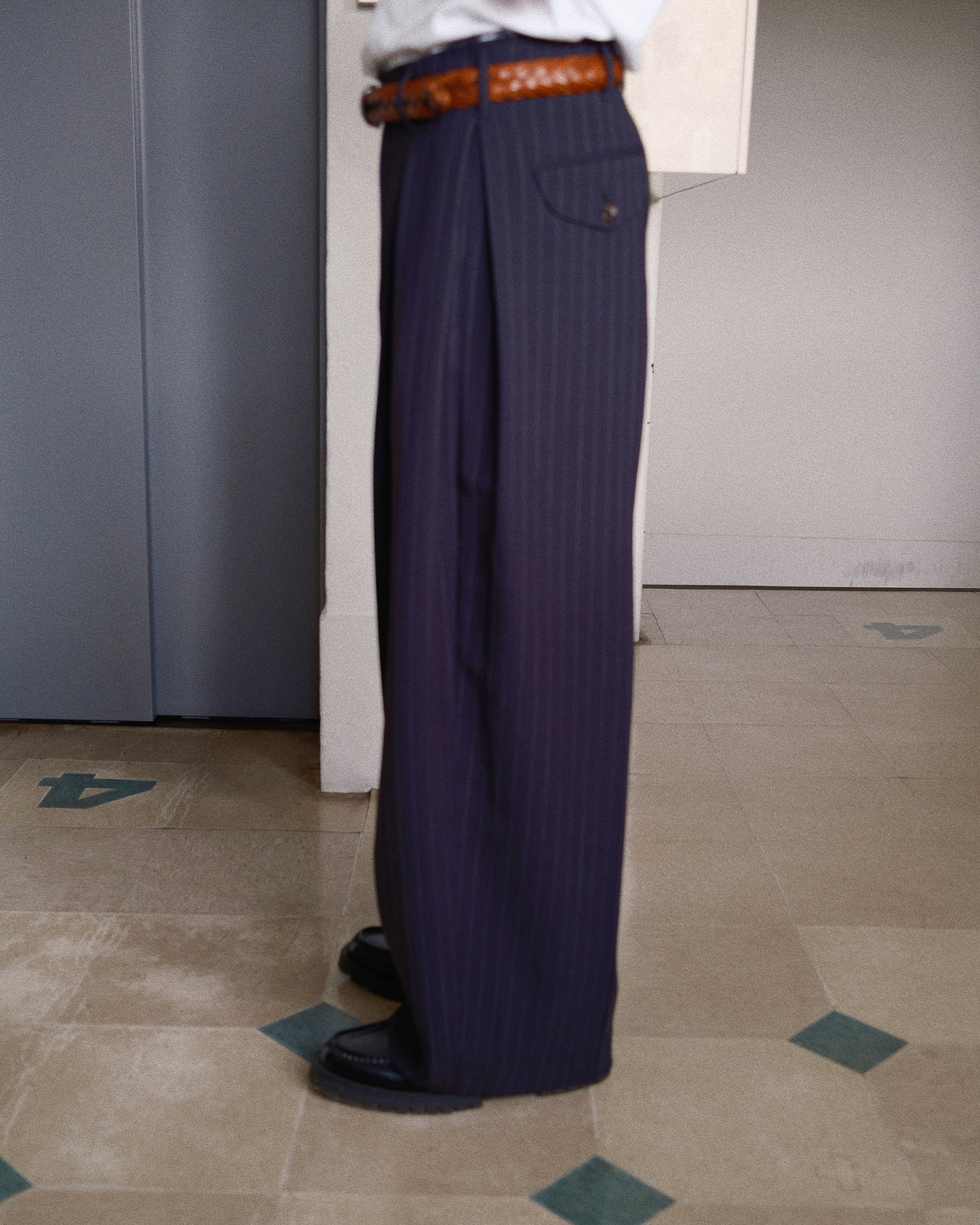 Pleats Bonded Wool Pants Navy