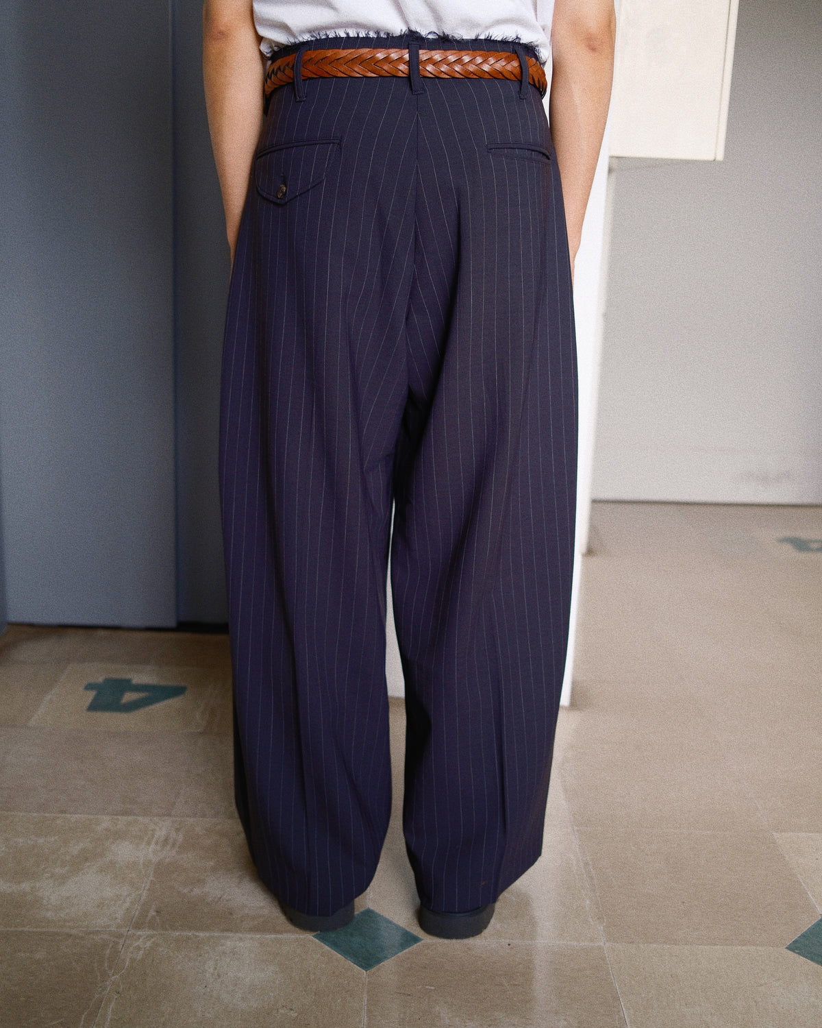 Pleats Bonded Wool Pants Navy