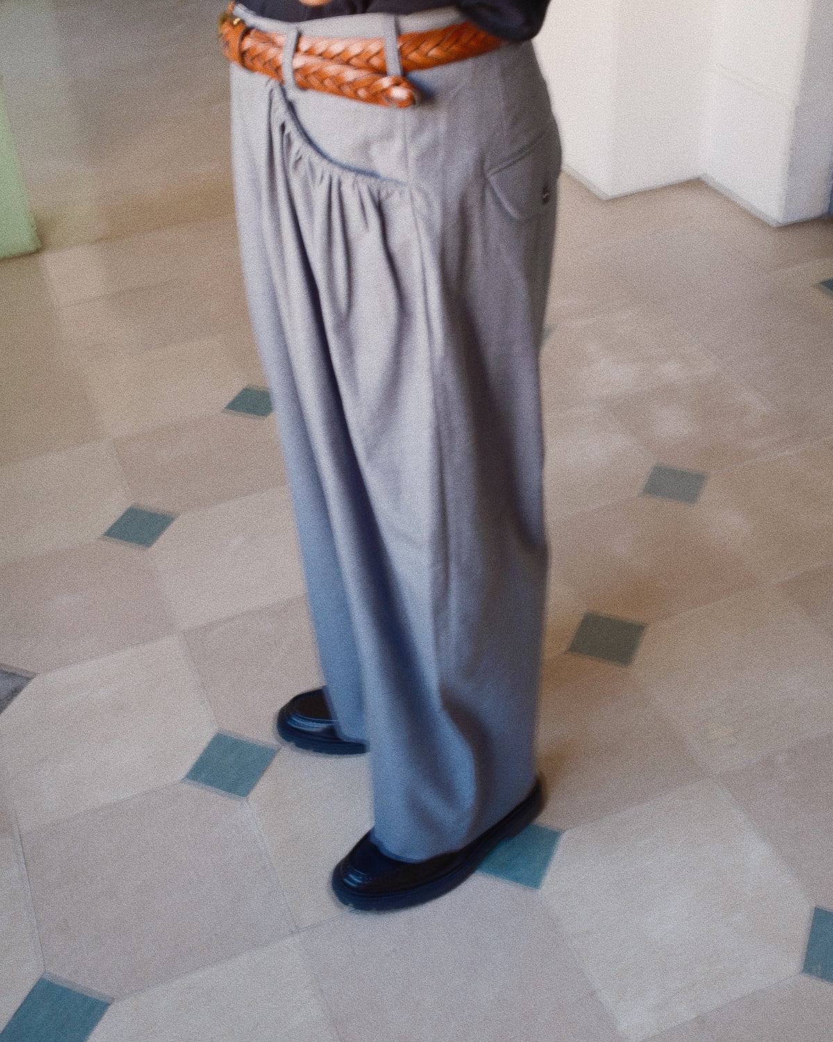 Gather-detail Wool Gabardine Pants Gray
