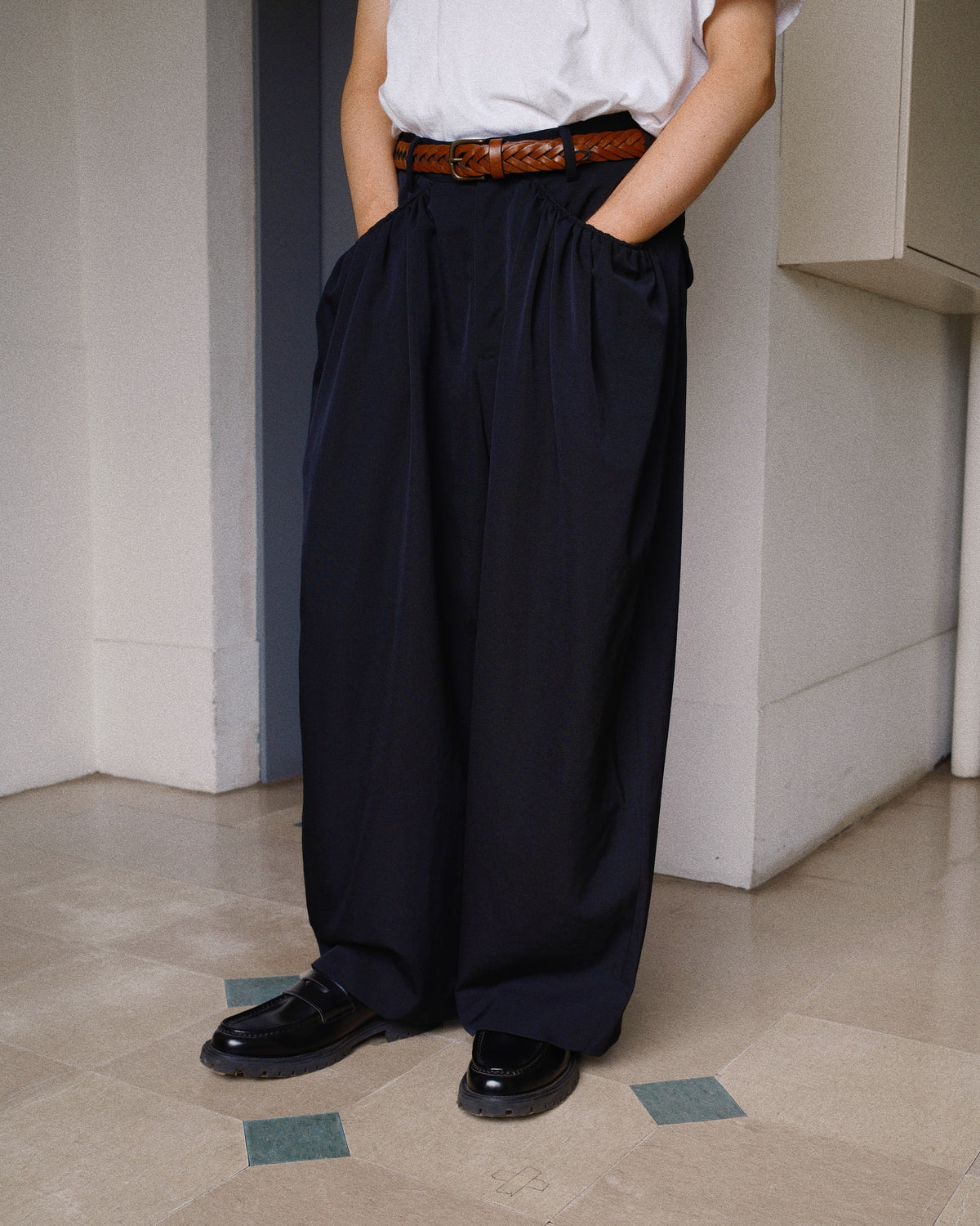 Gather-detail Wool Gabardine Pants Black