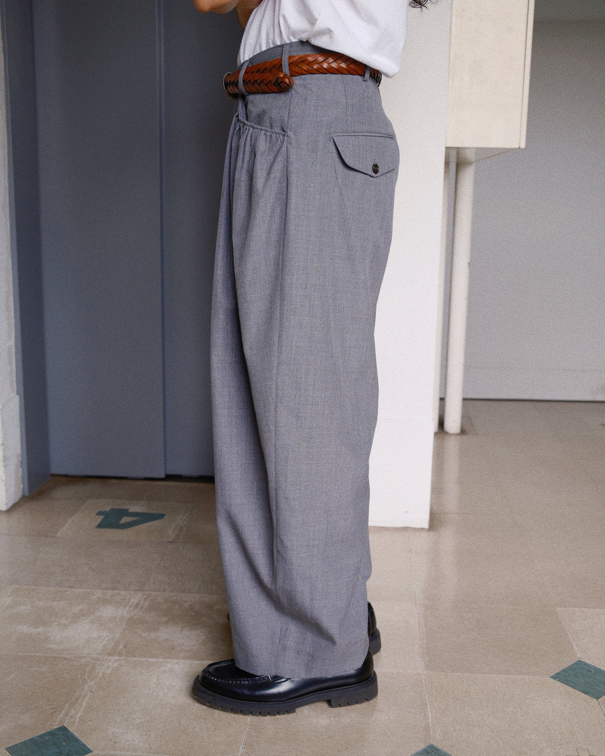 Gather-detail Wool Gabardine Pants Gray