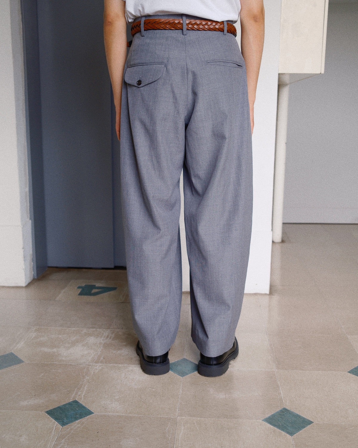 Gather-detail Wool Gabardine Pants Gray