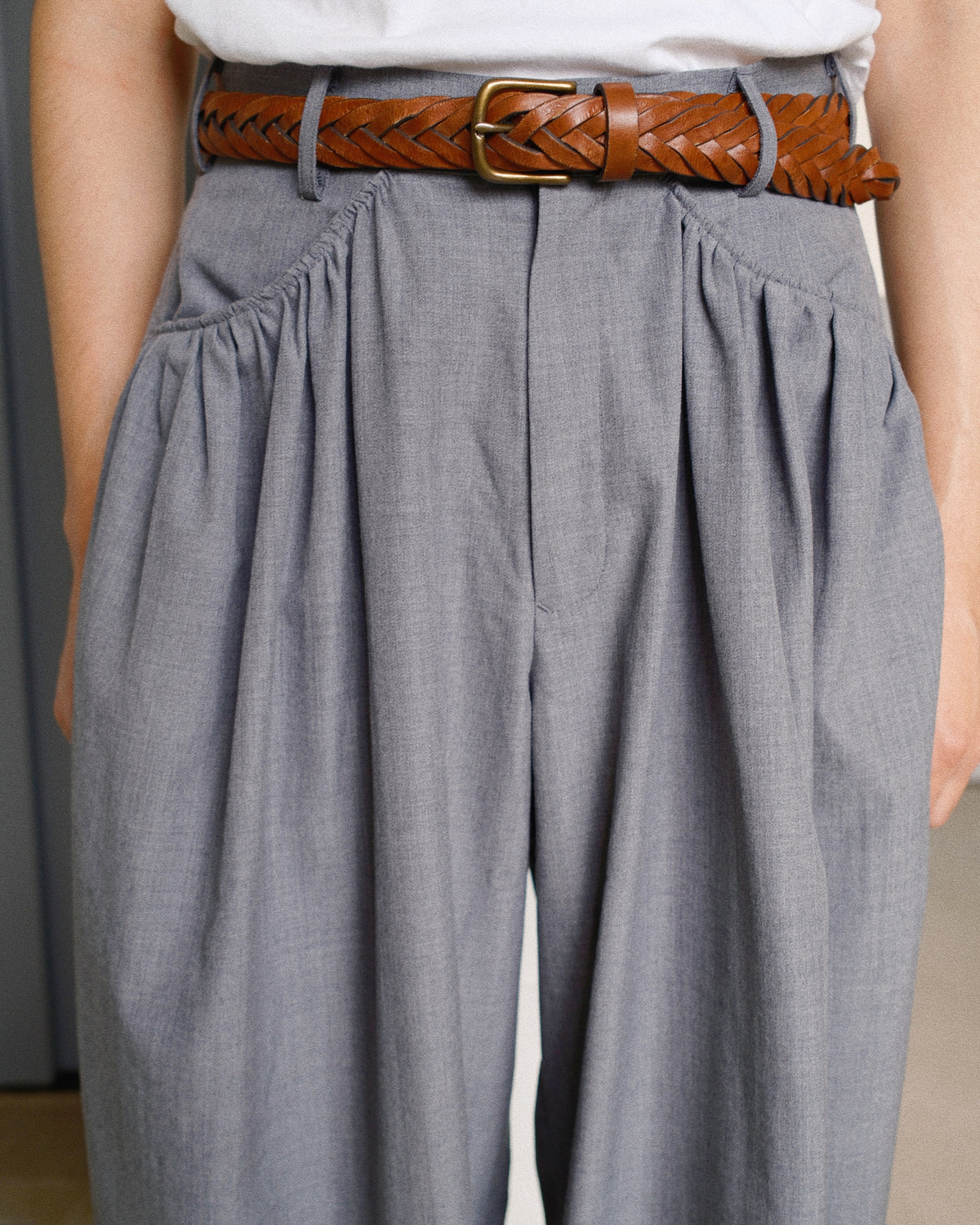 Gather-detail Wool Gabardine Pants Gray