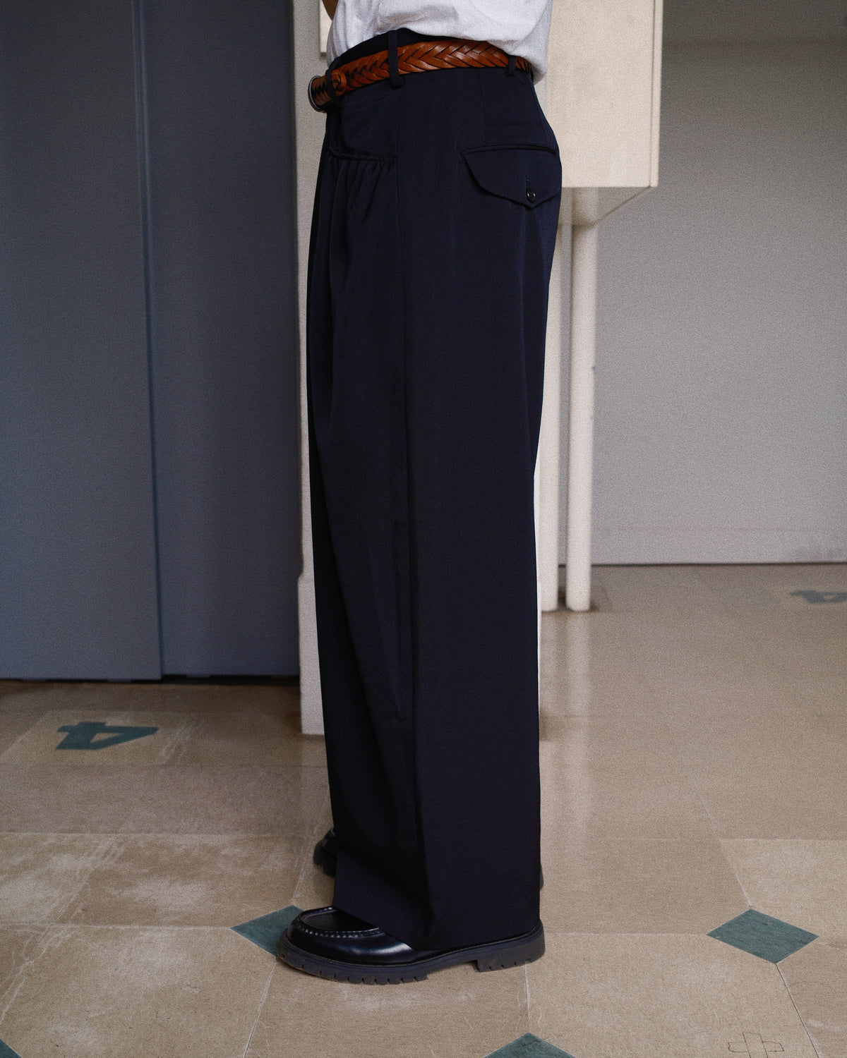 Gather-detail Wool Gabardine Pants Black