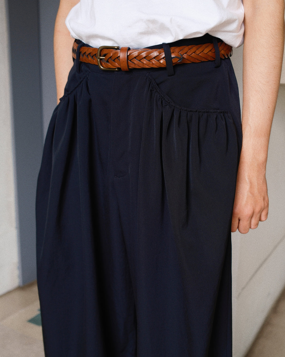 Gather-detail Wool Gabardine Pants Black