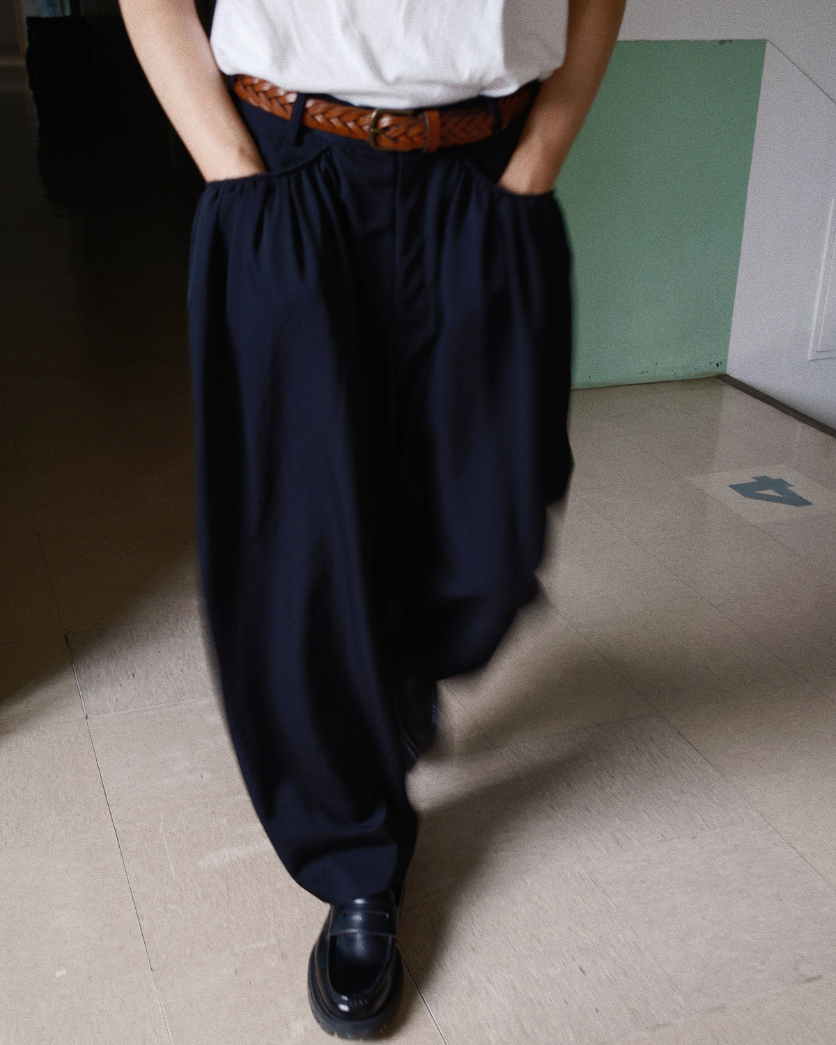 Gather-detail Wool Gabardine Pants Black