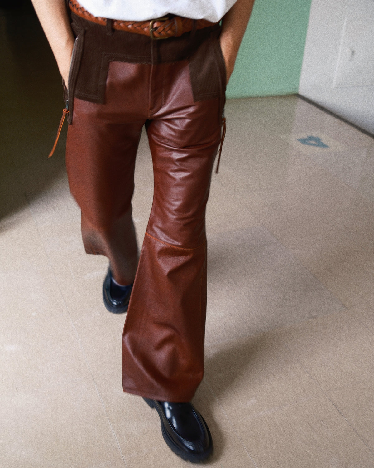 Combination leather pants Brown