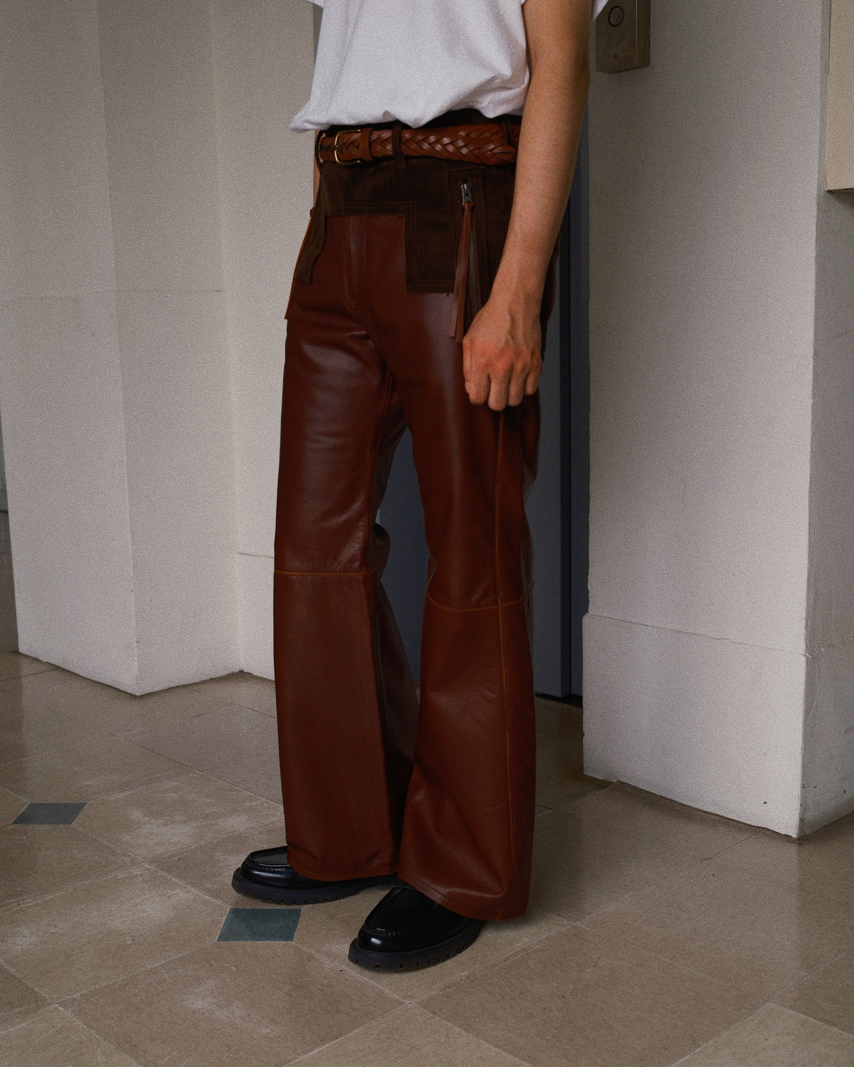 Combination leather pants Brown
