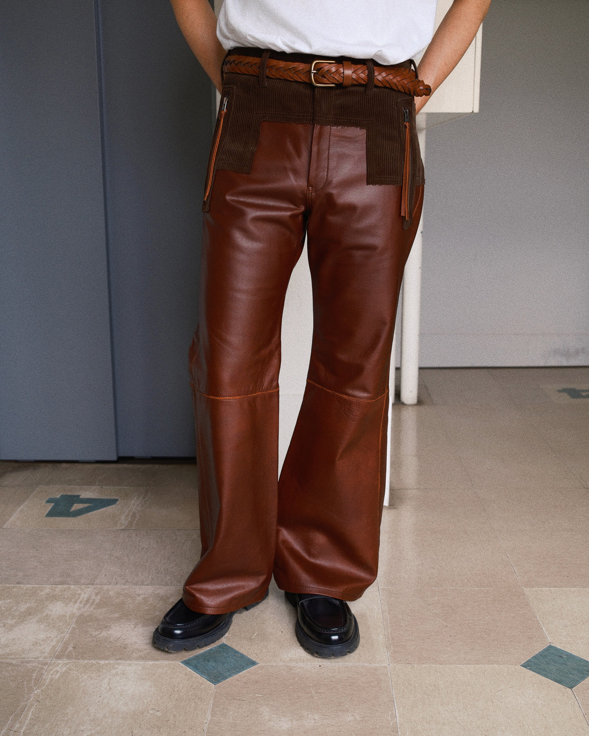 Combination leather pants Brown