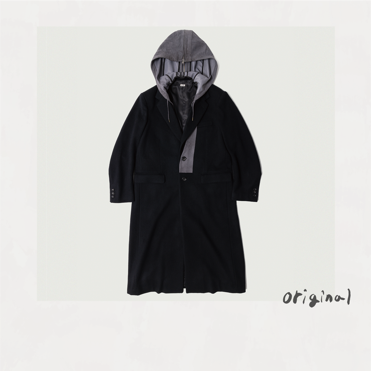 Suede hooded wool coat Black